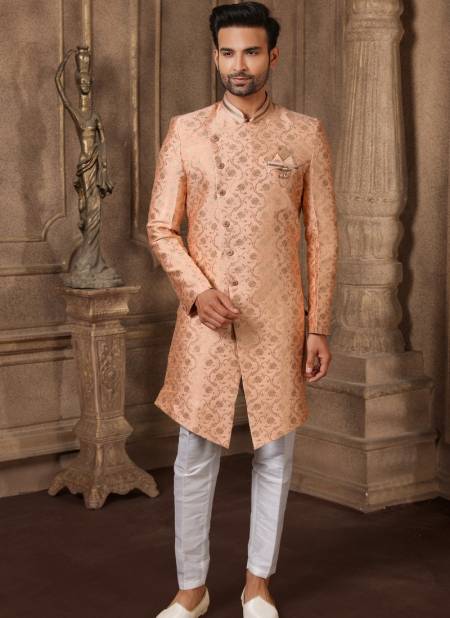 Peach Colour Traditional Jacquard Silk Digital Print Party Wear Indo Western Mens Collection 9216